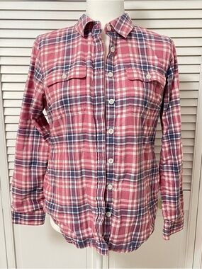 L. L. Bean Cotton Plaid Jersey Button Up Shirt Shacket Pink Blue Flannel Cowgirl